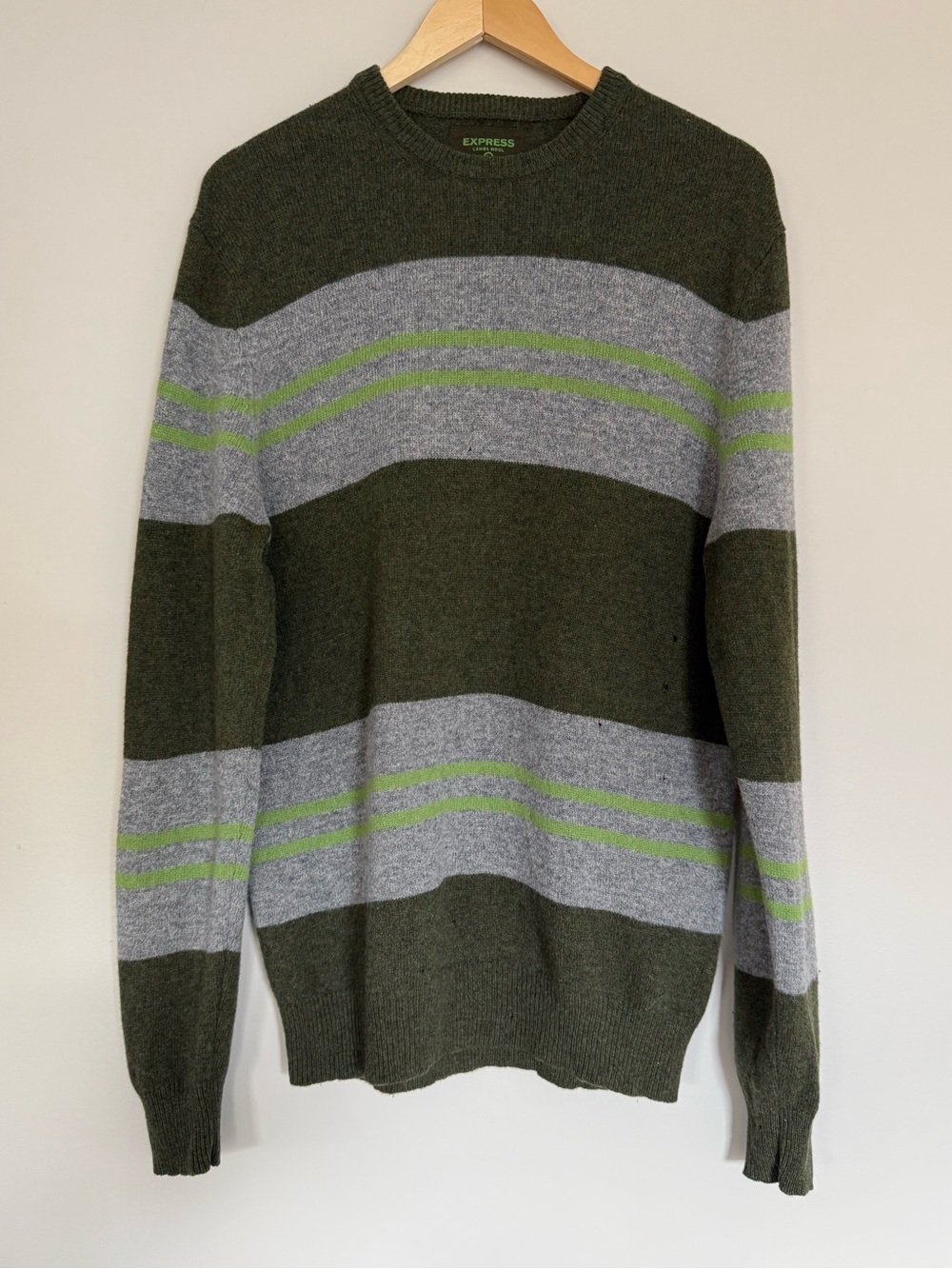 Express Men's 100% Lambswool Green & Gray Striped Knit Pullover Sweater Sz L